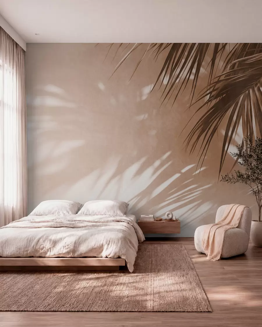 Fotobehang Palmbladeren met reliëf en schaduwen, een tropische sfeer, minimalisme w09890