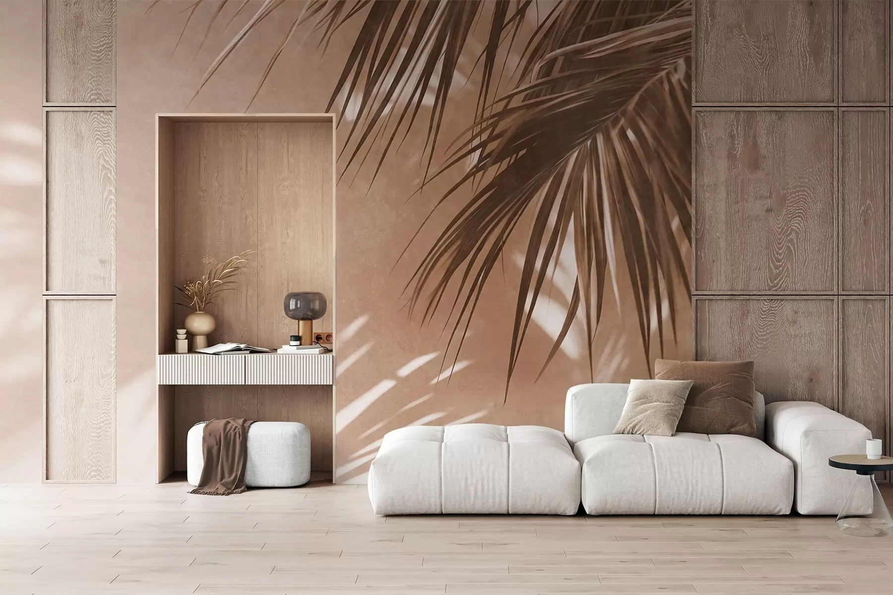 Fotobehang Palmbladeren met reliëf en schaduwen, een tropische sfeer, minimalisme w09890