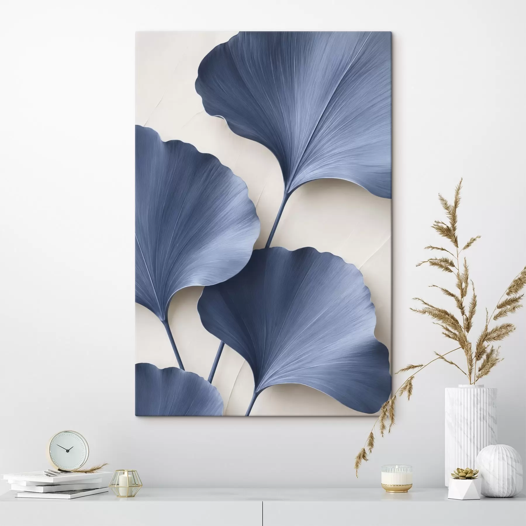  Schilderijen Ginkgobladeren aan een tak, een platte afbeelding met een imitatie van het effect van diepte en volume s49297