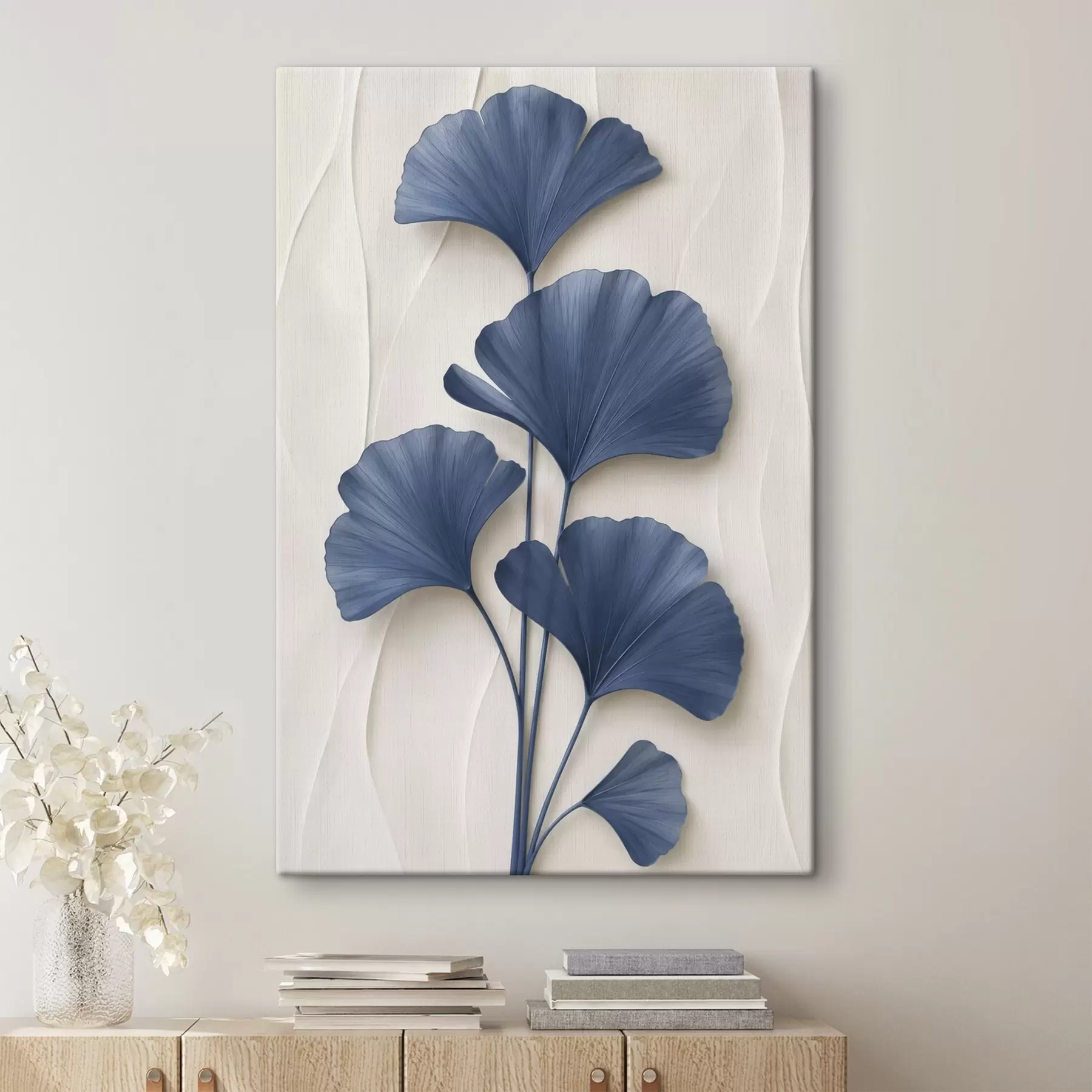  Schilderijen Ginkgobladeren op een lichte achtergrond, een platte afbeelding met een imitatie van het effect van diepte s49298