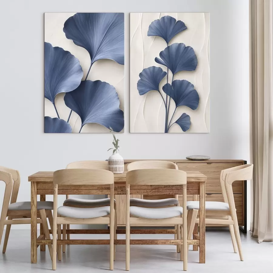  Schilderijen Ginkgobladeren aan een tak, een platte afbeelding met een imitatie van het effect van diepte en ruimtelijkheid m30524