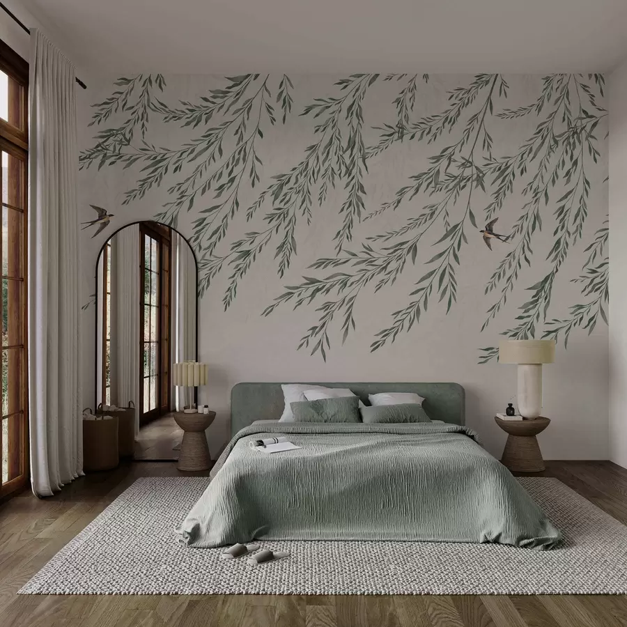 Fotobehang Groene takken en vogels op een lichte achtergrond w05630