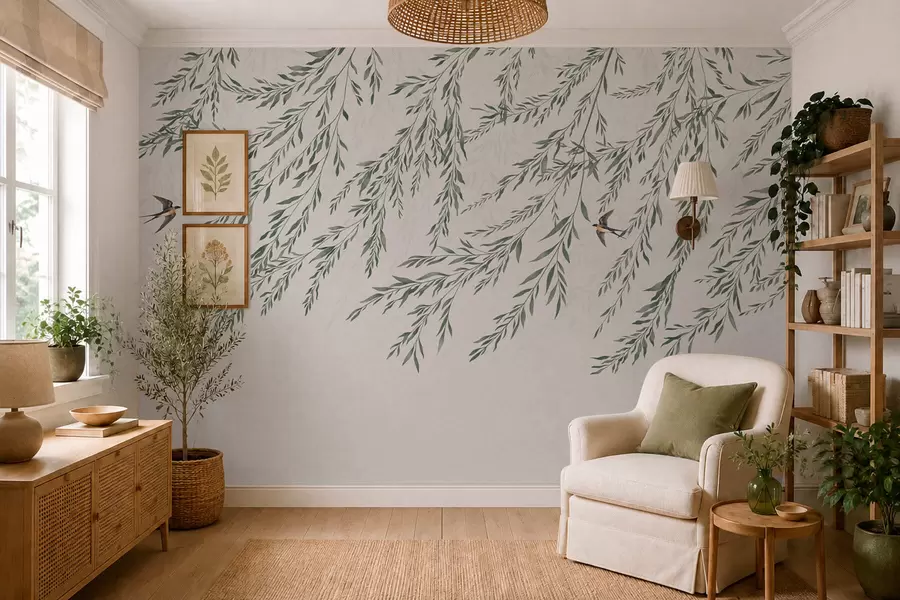 Fotobehang Groene takken en vogels op een lichte achtergrond w05630