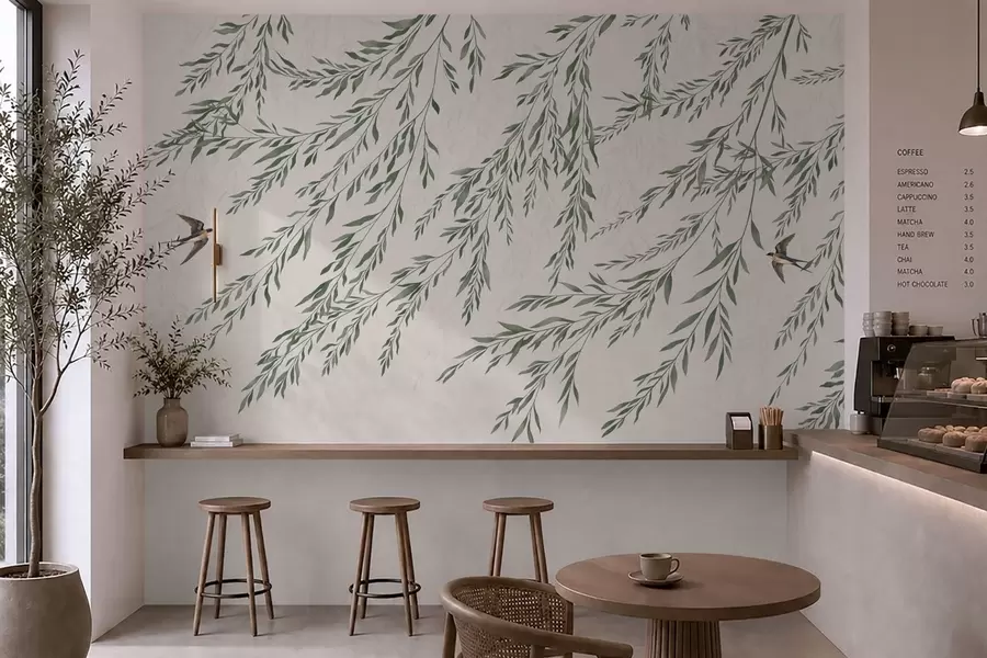 Fotobehang Groene takken en vogels op een lichte achtergrond w05630
