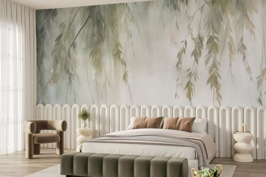 Fotobehang Wilgentakken met lichtgroene bladeren die naar beneden hangen tegen een ingetogen achtergrond in aquarelstijl w09893