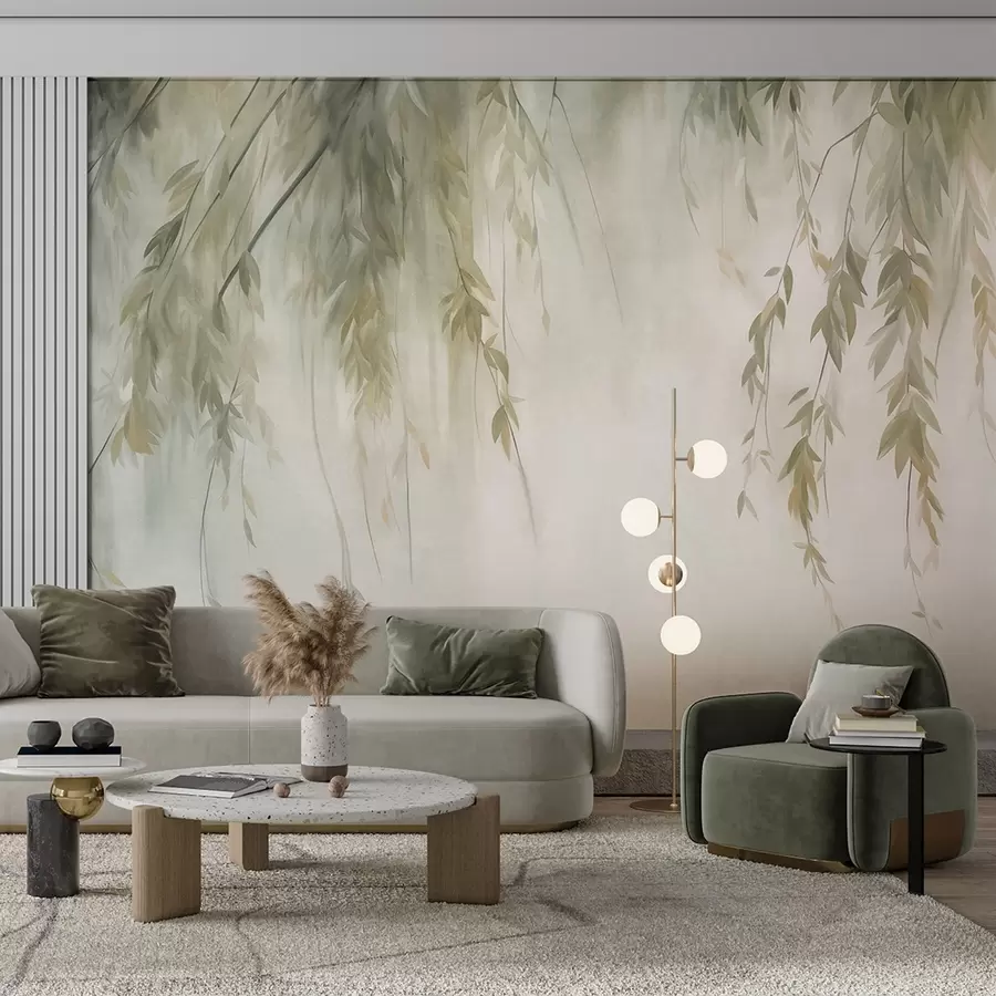 Fotobehang Wilgentakken met lichtgroene bladeren die naar beneden hangen tegen een ingetogen achtergrond in aquarelstijl w09893