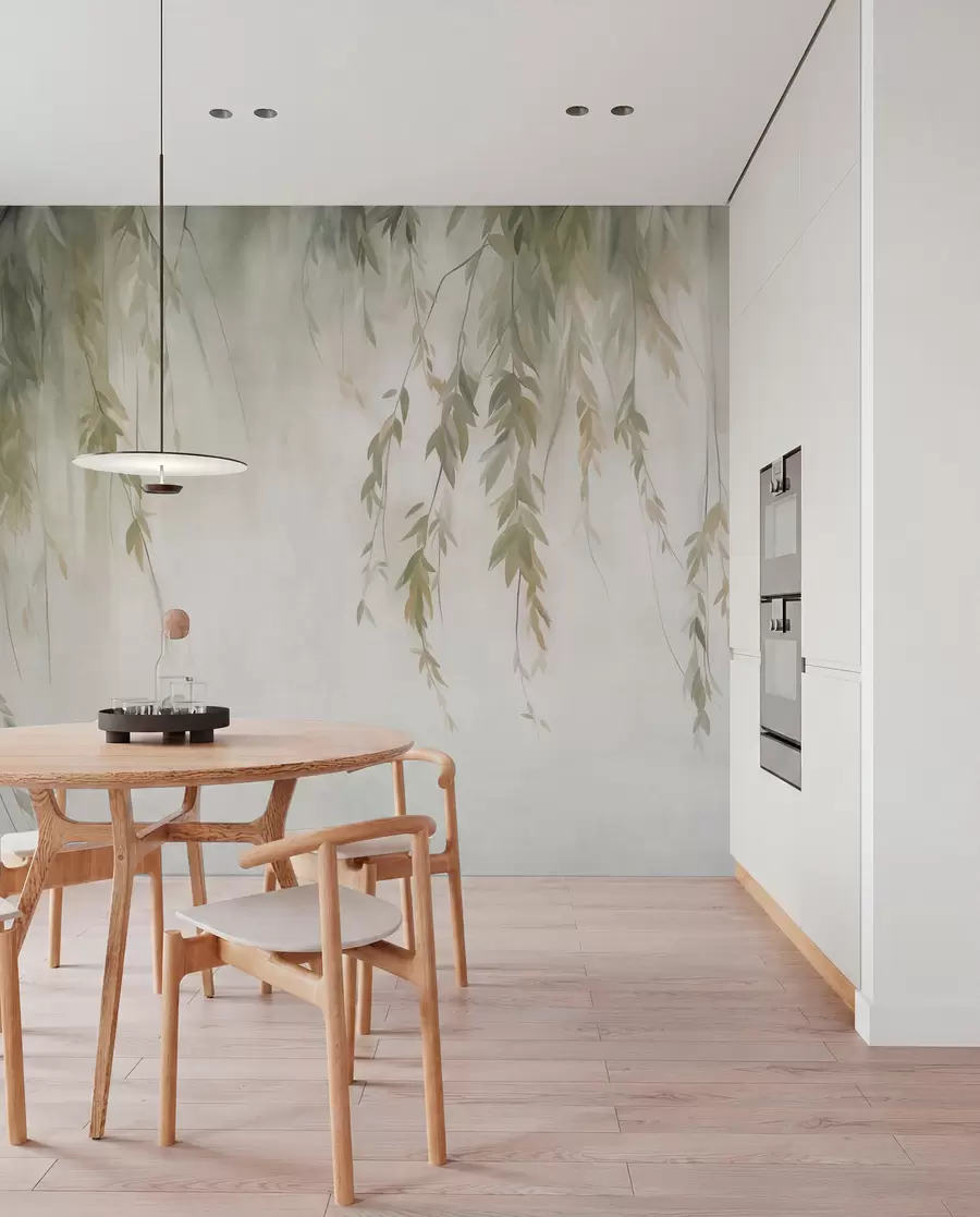 Fotobehang Wilgentakken met lichtgroene bladeren die naar beneden hangen tegen een ingetogen achtergrond in aquarelstijl w09893