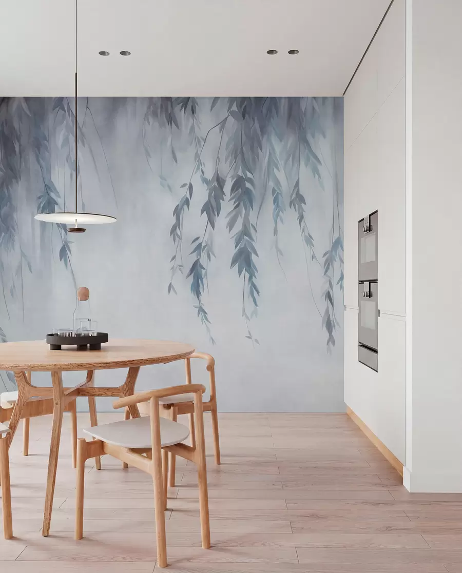 Fotobehang Wilgentakken met lichtblauwe bladeren die naar beneden hangen tegen een ingetogen achtergrond in aquarelstijl w09893v2