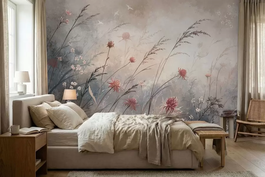 Fotobehang Tere wilde bloemen in een mistig pastelkleurig landschap w05538
