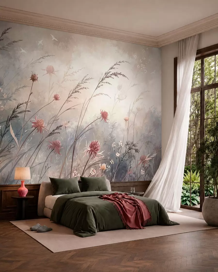 Fotobehang Tere wilde bloemen in een mistig pastelkleurig landschap w05538