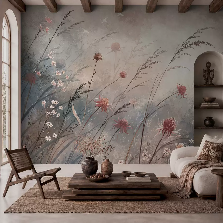 Fotobehang Tere wilde bloemen in een mistig pastelkleurig landschap w05538