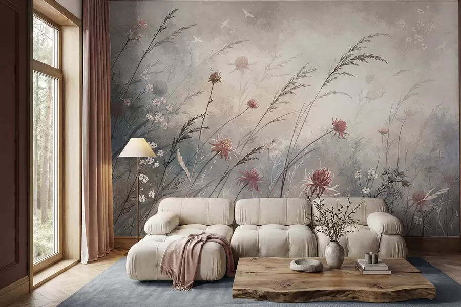 Fotobehang Tere wilde bloemen in een mistig pastelkleurig landschap w05538