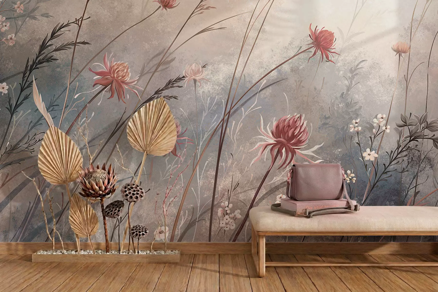 Fotobehang Tere wilde bloemen in een mistig pastelkleurig landschap w05538