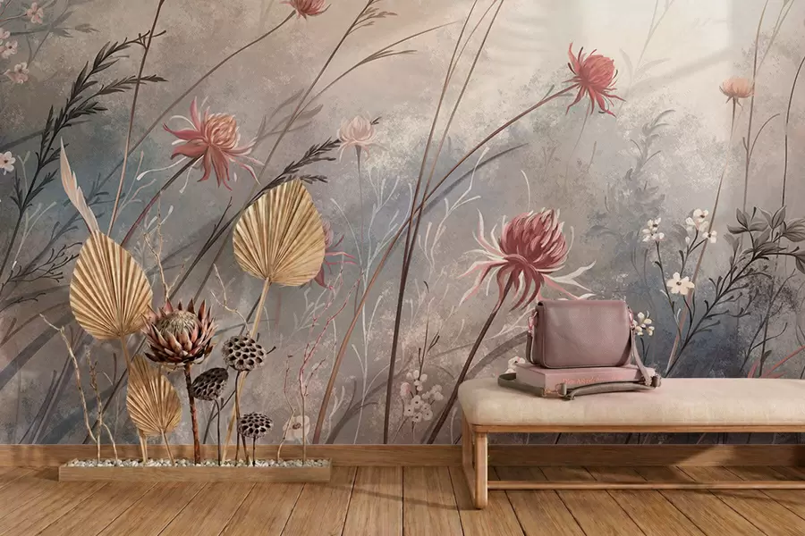Fotobehang Tere wilde bloemen in een mistig pastelkleurig landschap w05538