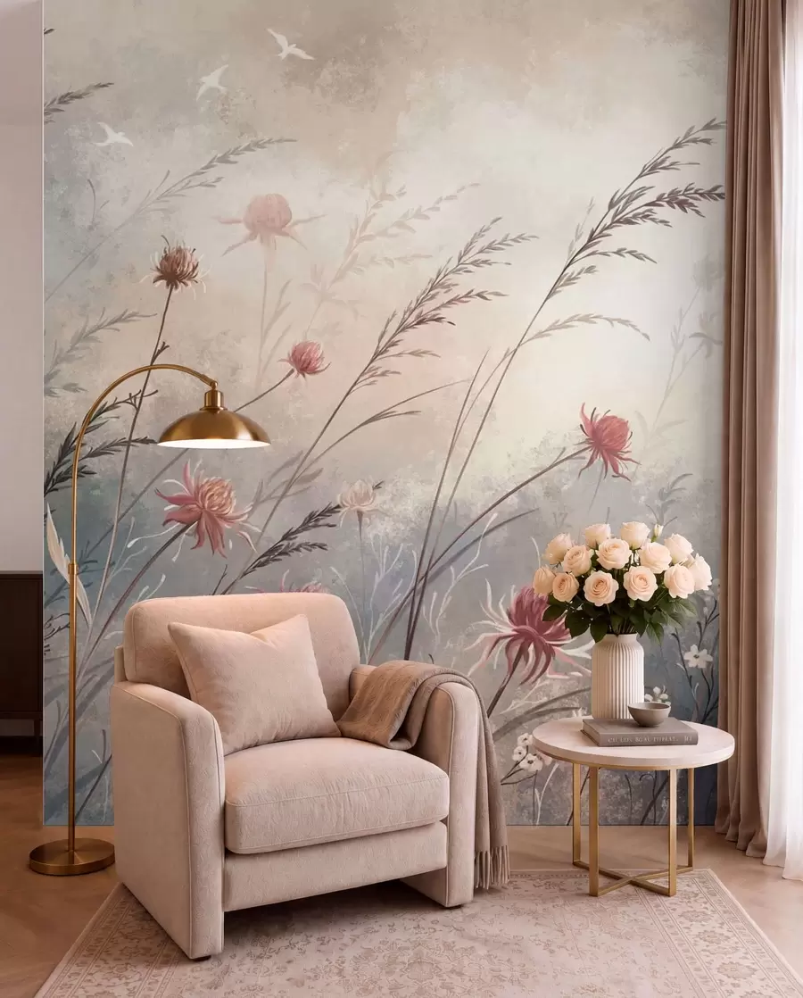 Fotobehang Tere wilde bloemen in een mistig pastelkleurig landschap w05538