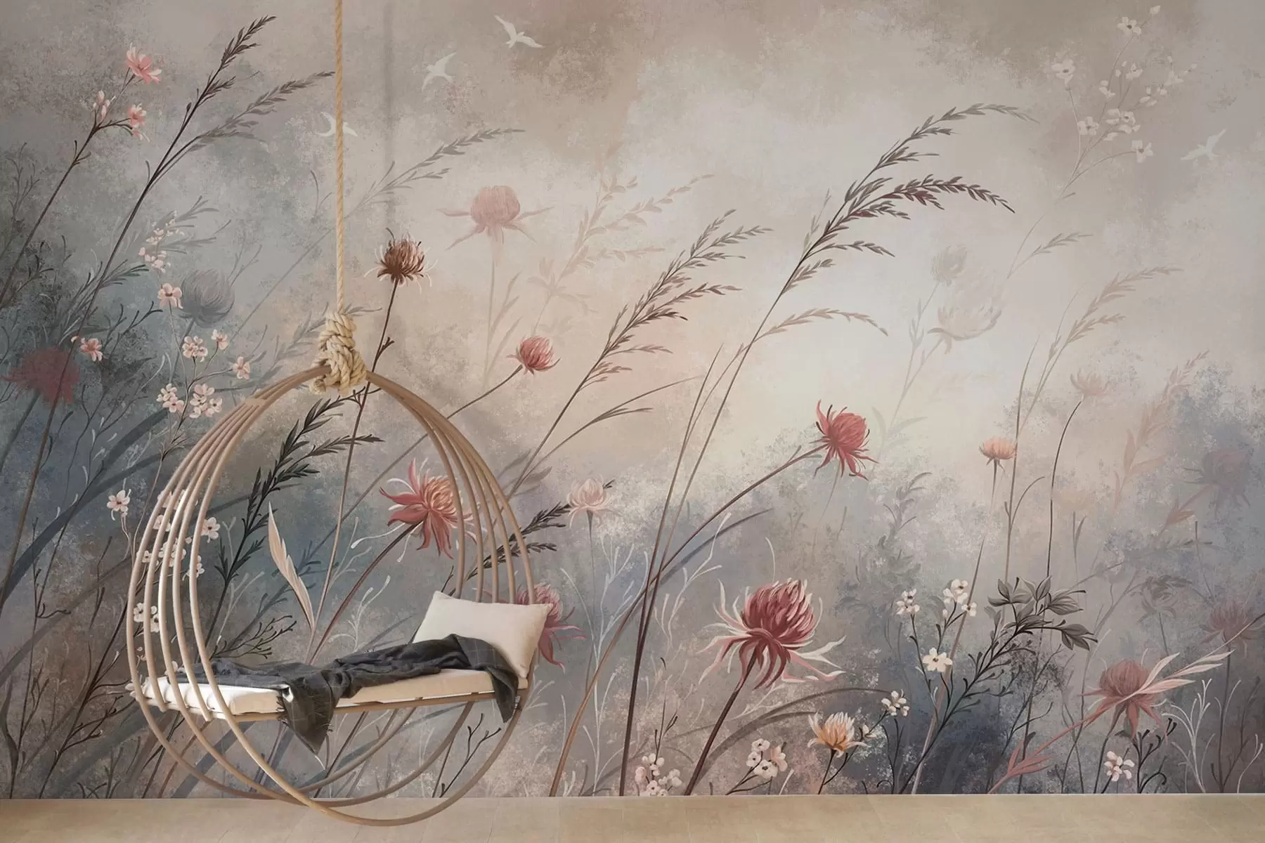 Fotobehang Tere wilde bloemen in een mistig pastelkleurig landschap w05538