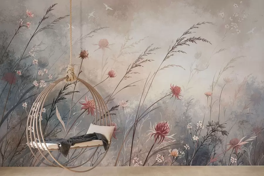 Fotobehang Tere wilde bloemen in een mistig pastelkleurig landschap w05538