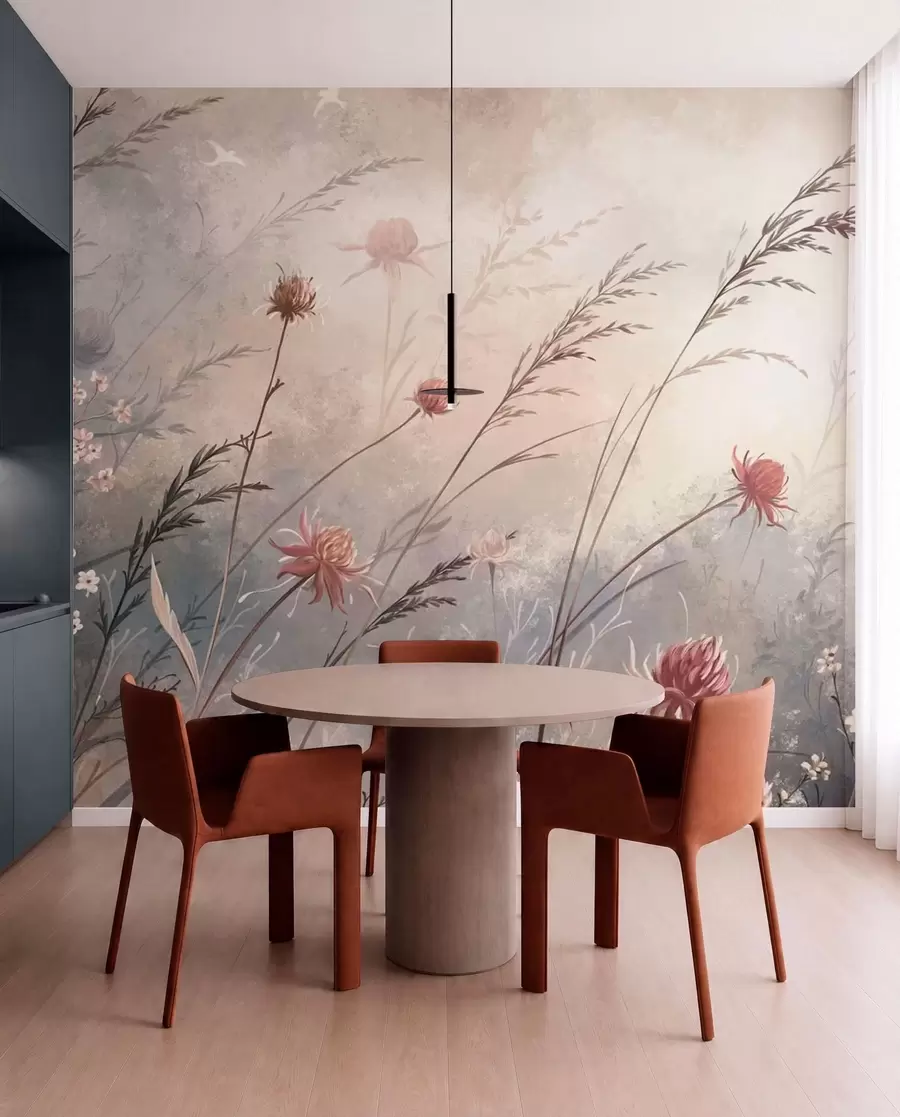Fotobehang Tere wilde bloemen in een mistig pastelkleurig landschap w05538