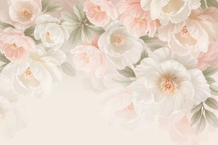 Fotobehang Grote, sierlijke bloemen in roze en crèmekleurige tinten w05540