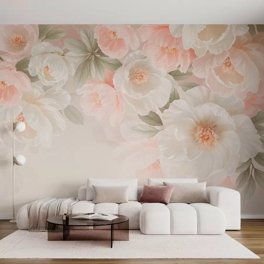 Fotobehang Grote, sierlijke bloemen in roze en crèmekleurige tinten w05540