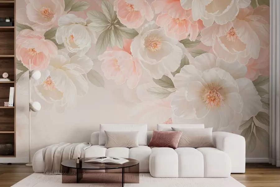 Fotobehang Grote, sierlijke bloemen in roze en crèmekleurige tinten w05540