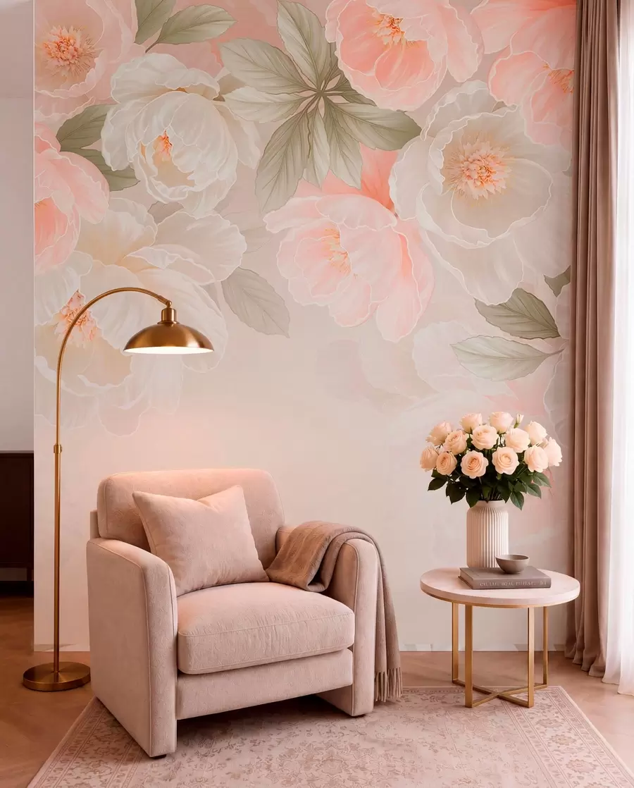 Fotobehang Grote, sierlijke bloemen in roze en crèmekleurige tinten w05540