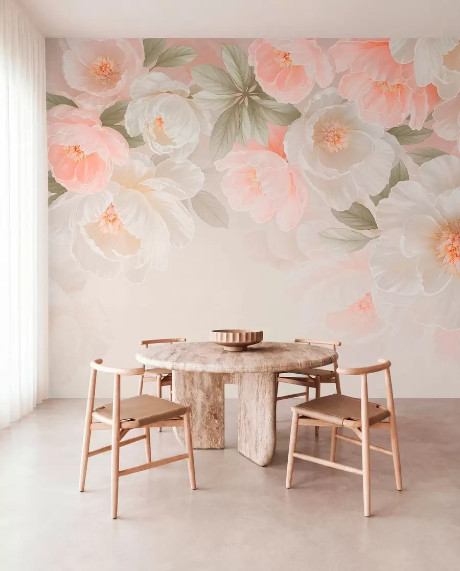 Fotobehang Grote, sierlijke bloemen in roze en crèmekleurige tinten w05540