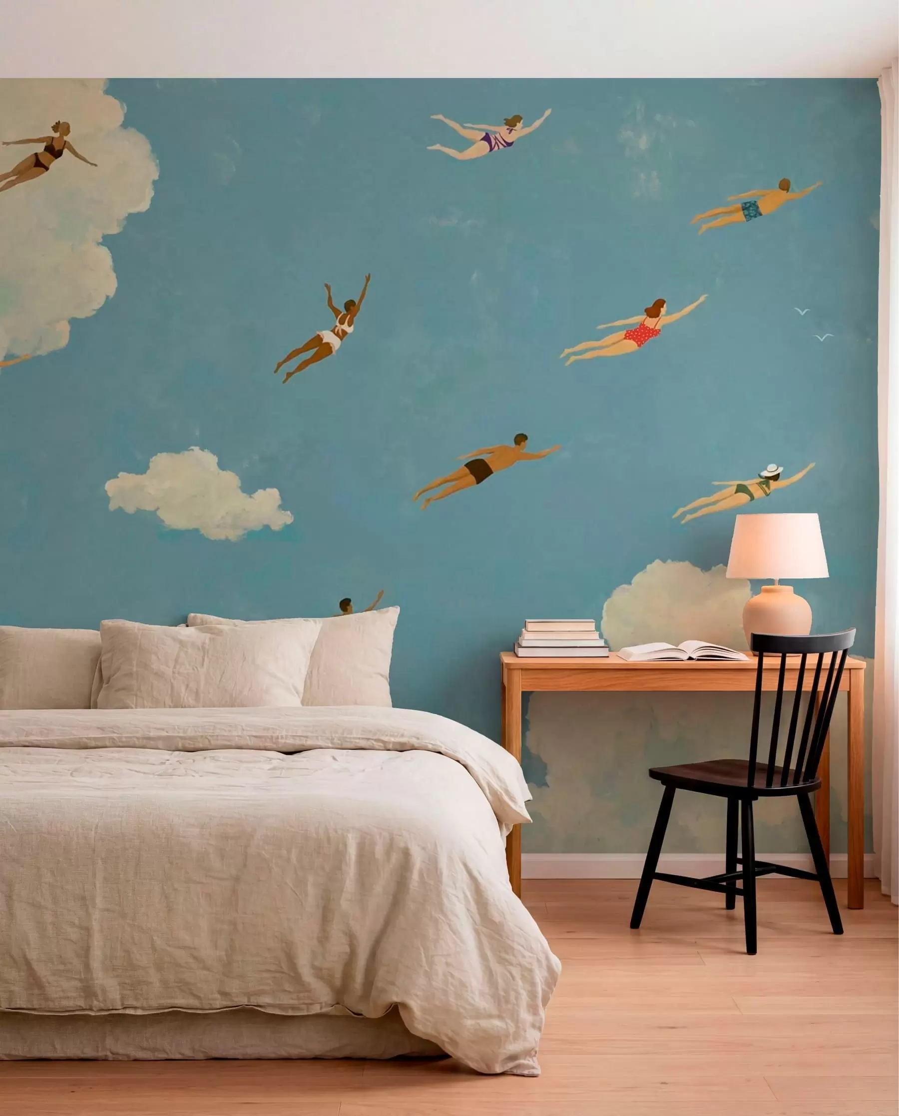 Fotobehang Mensen die tussen de wolken zweven in een blauwe lucht w05628