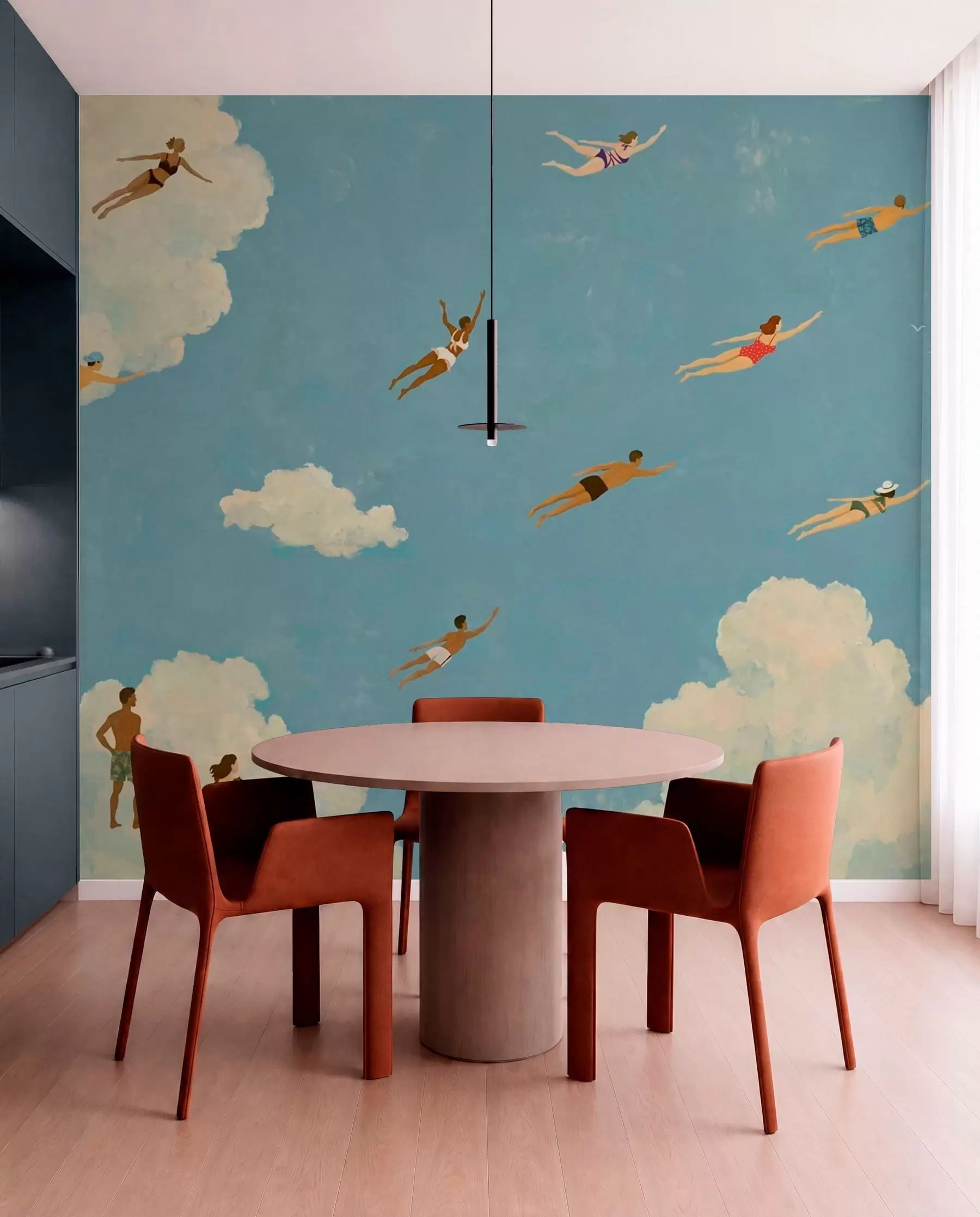 Fotobehang Mensen die tussen de wolken zweven in een blauwe lucht w05628