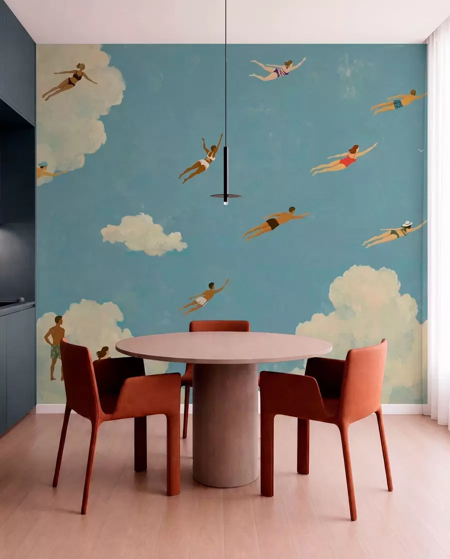 Fotobehang Mensen die tussen de wolken zweven in een blauwe lucht w05628