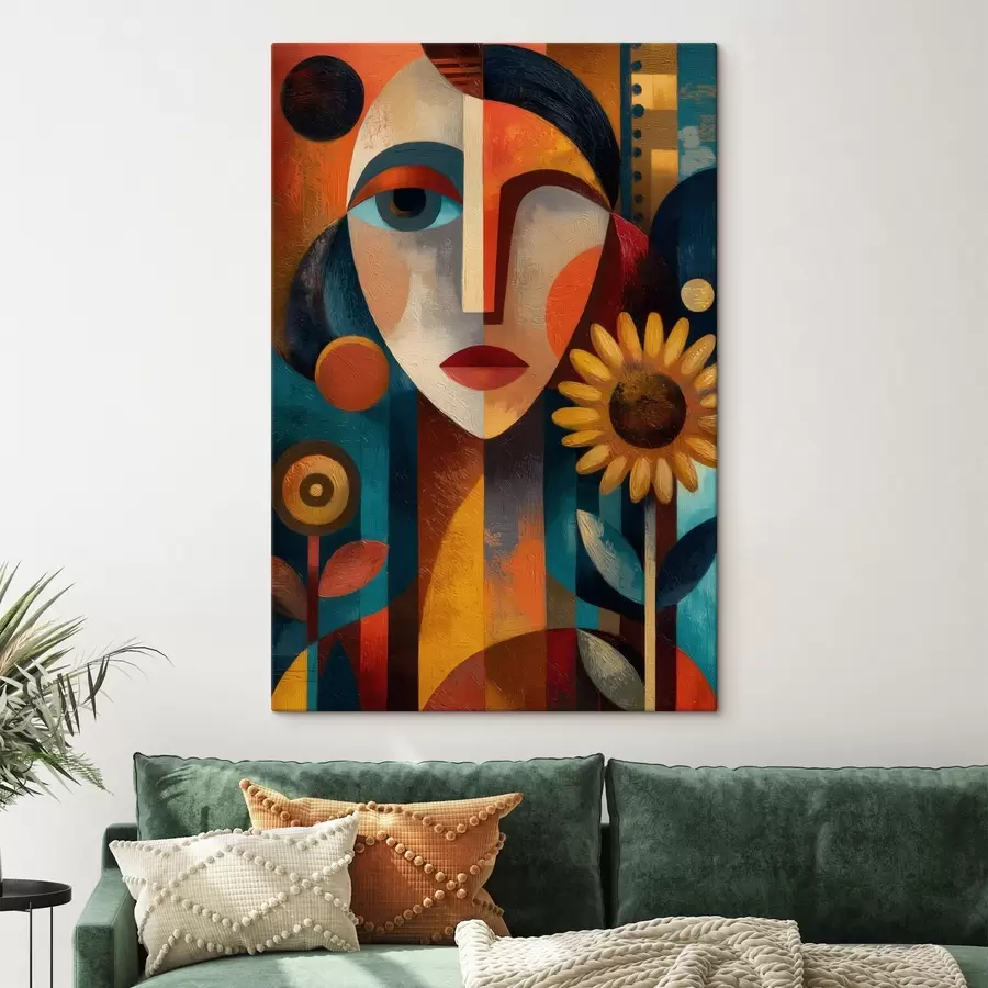  Schilderijen Een abstract portret van een meisje met bloemen in etnische stijl s49227