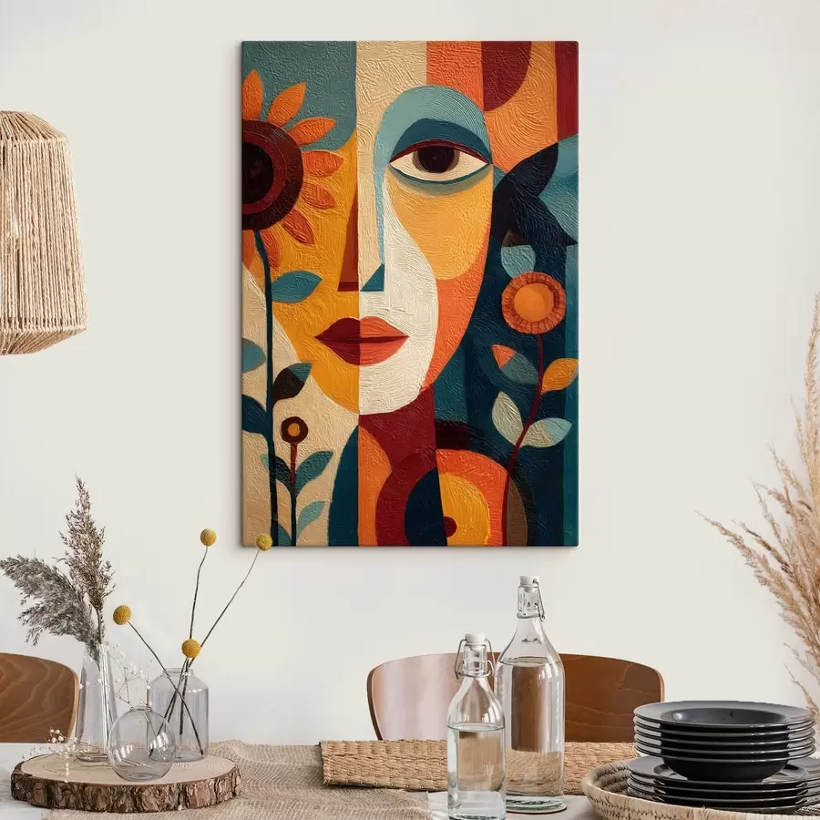  Schilderijen Een abstract portret van een meisje met bloemen in etnische stijl s49228