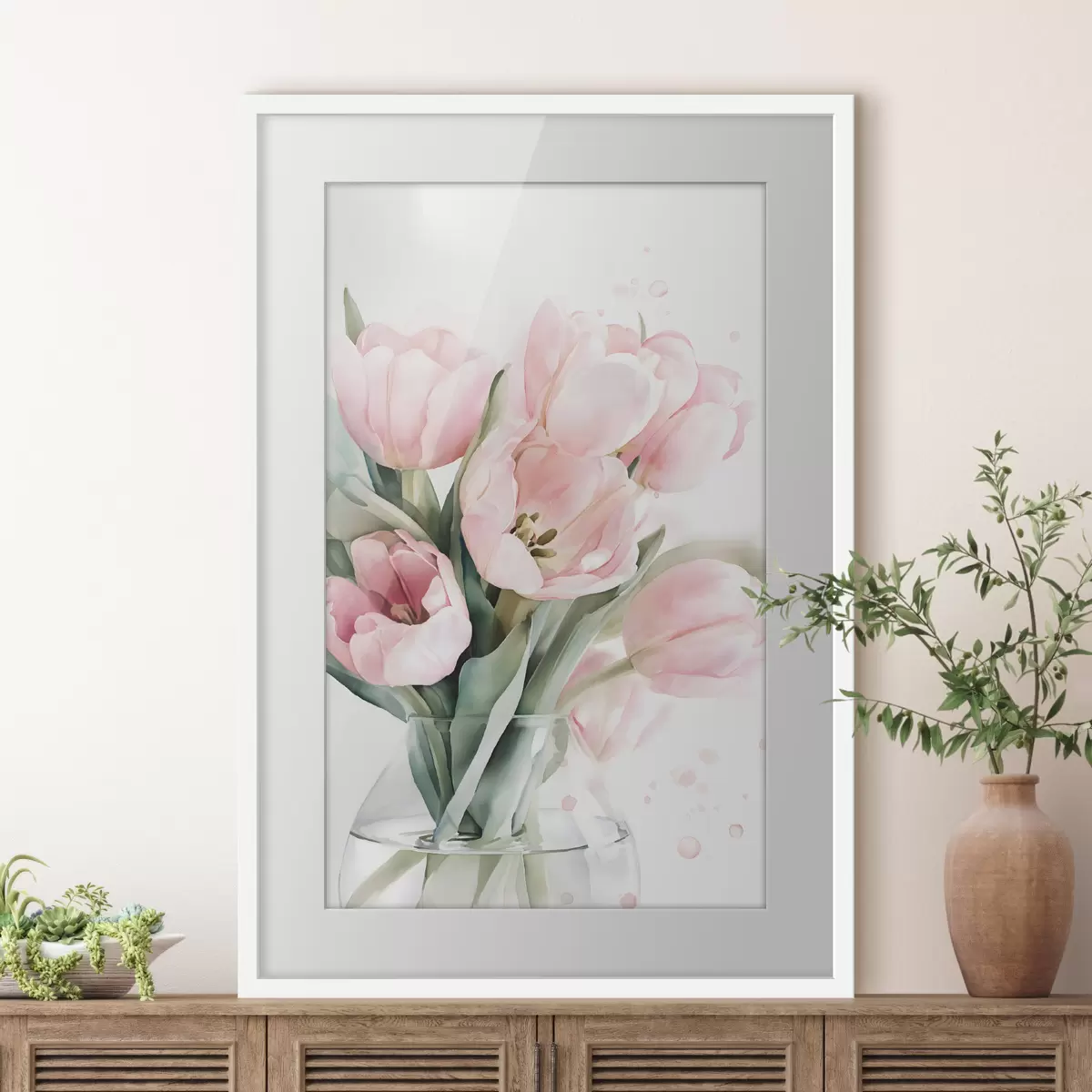 Poster Delicate roze tulpen in aquarelstijl f49225
