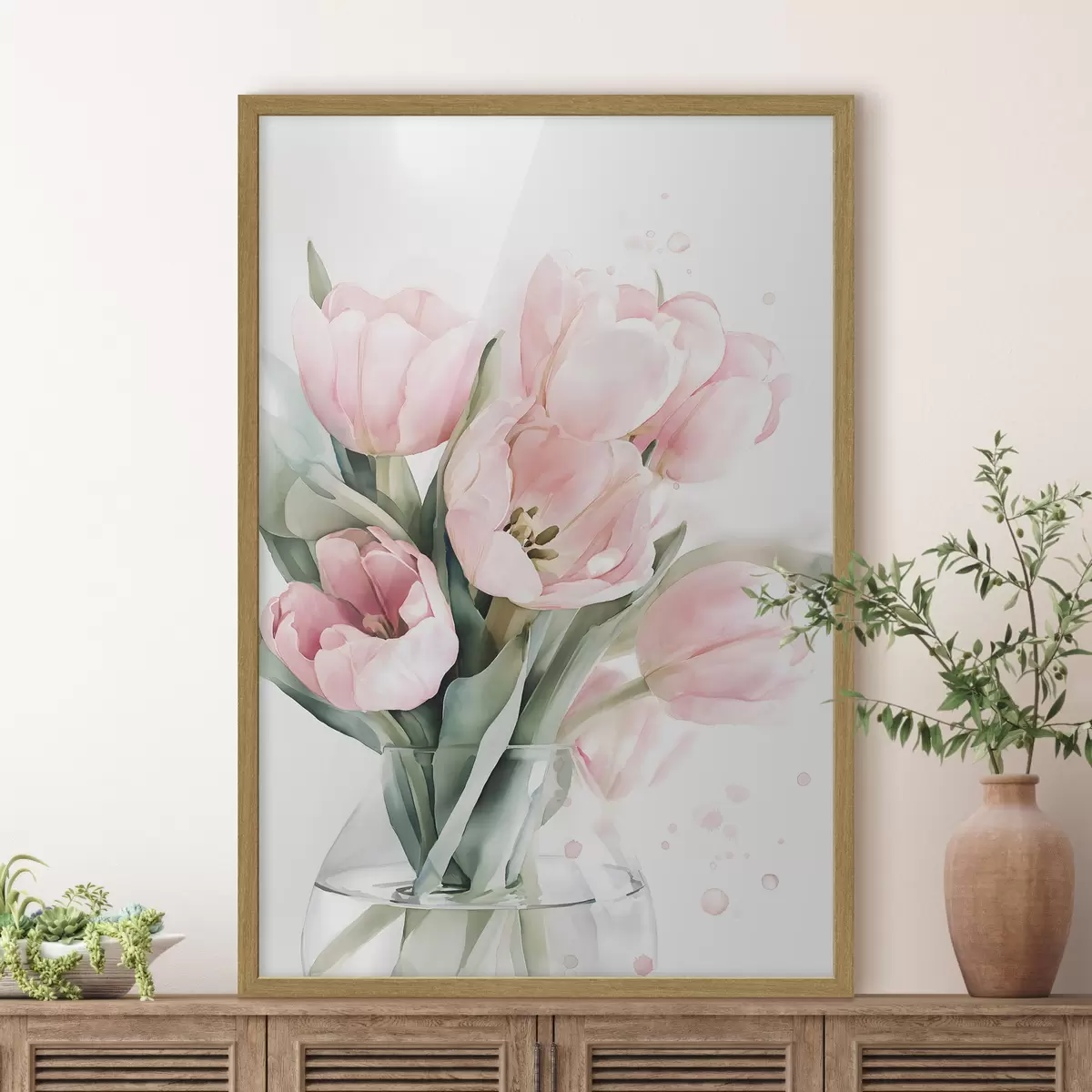 Poster Delicate roze tulpen in aquarelstijl f49225