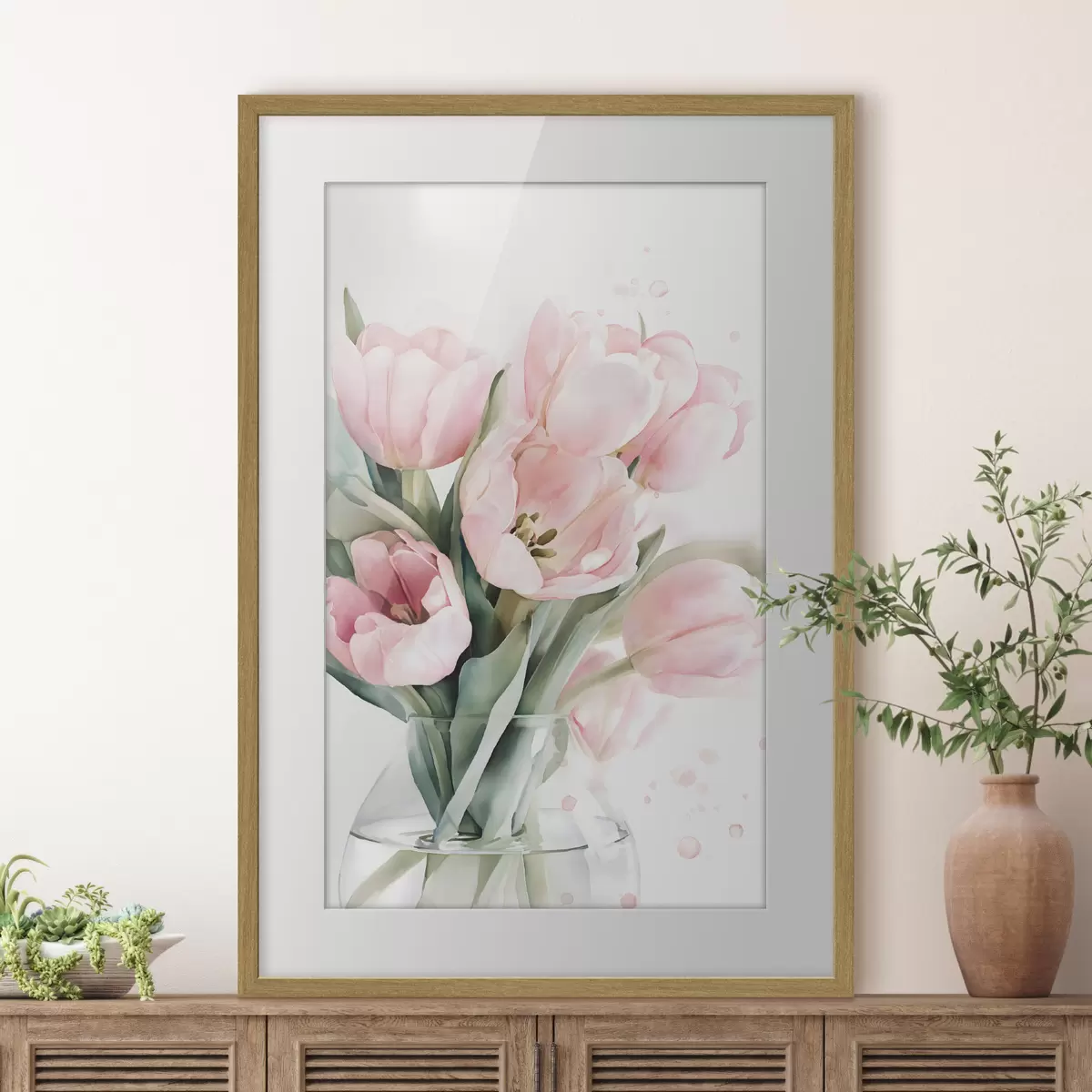 Poster Delicate roze tulpen in aquarelstijl f49225