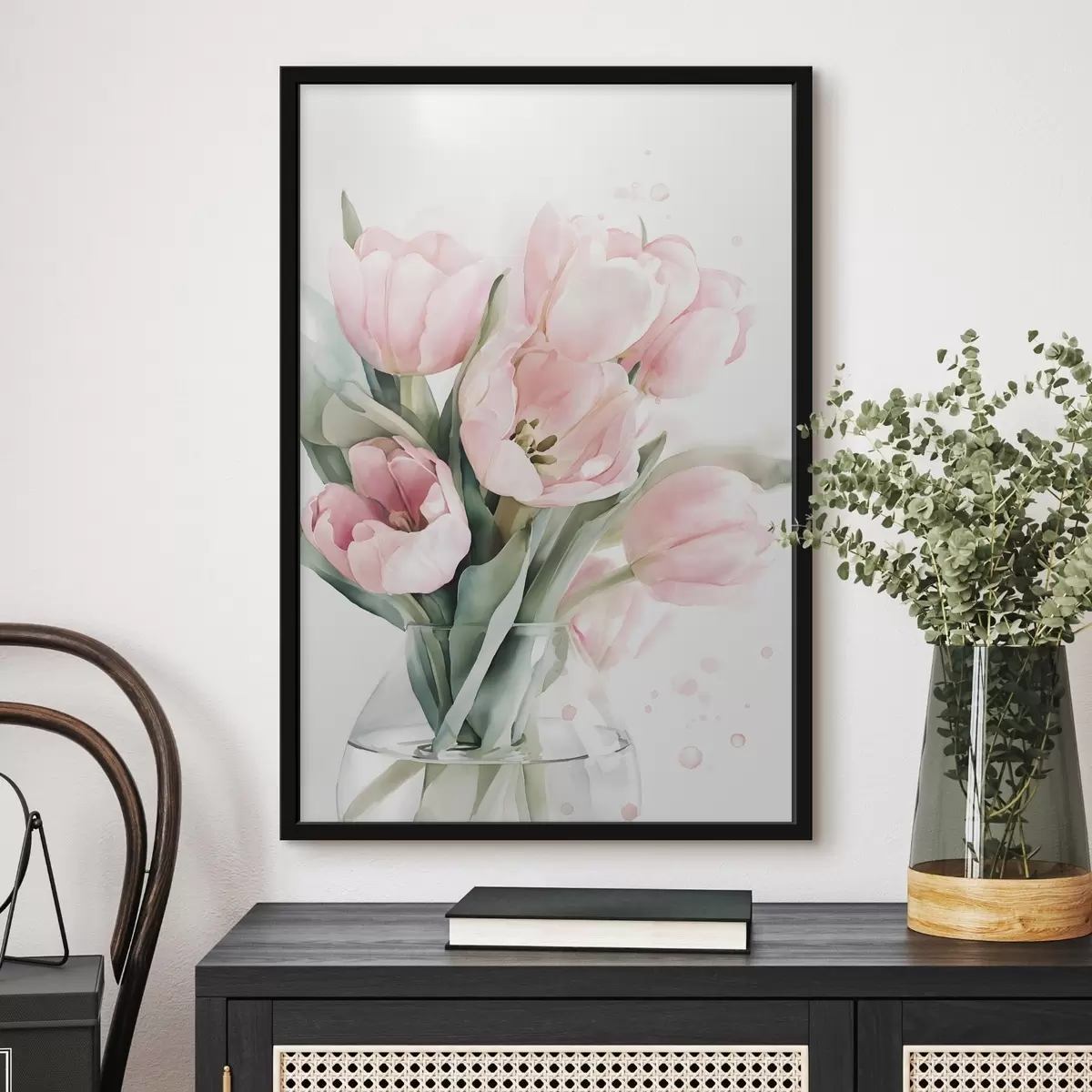 Poster Delicate roze tulpen in aquarelstijl f49225