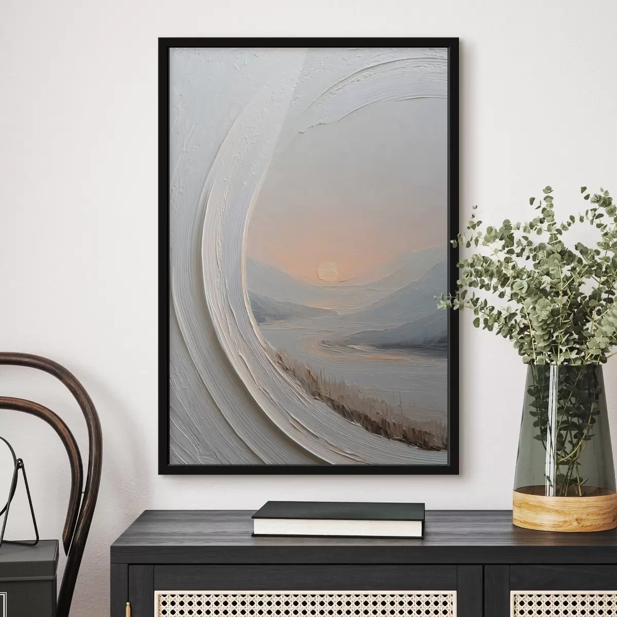Poster Een landschapsschilderij in een ronde lijst f49235