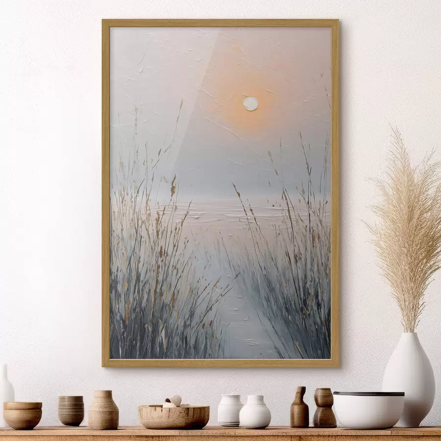 Fotobehang Een mistige zonsondergang tussen het gras f49236