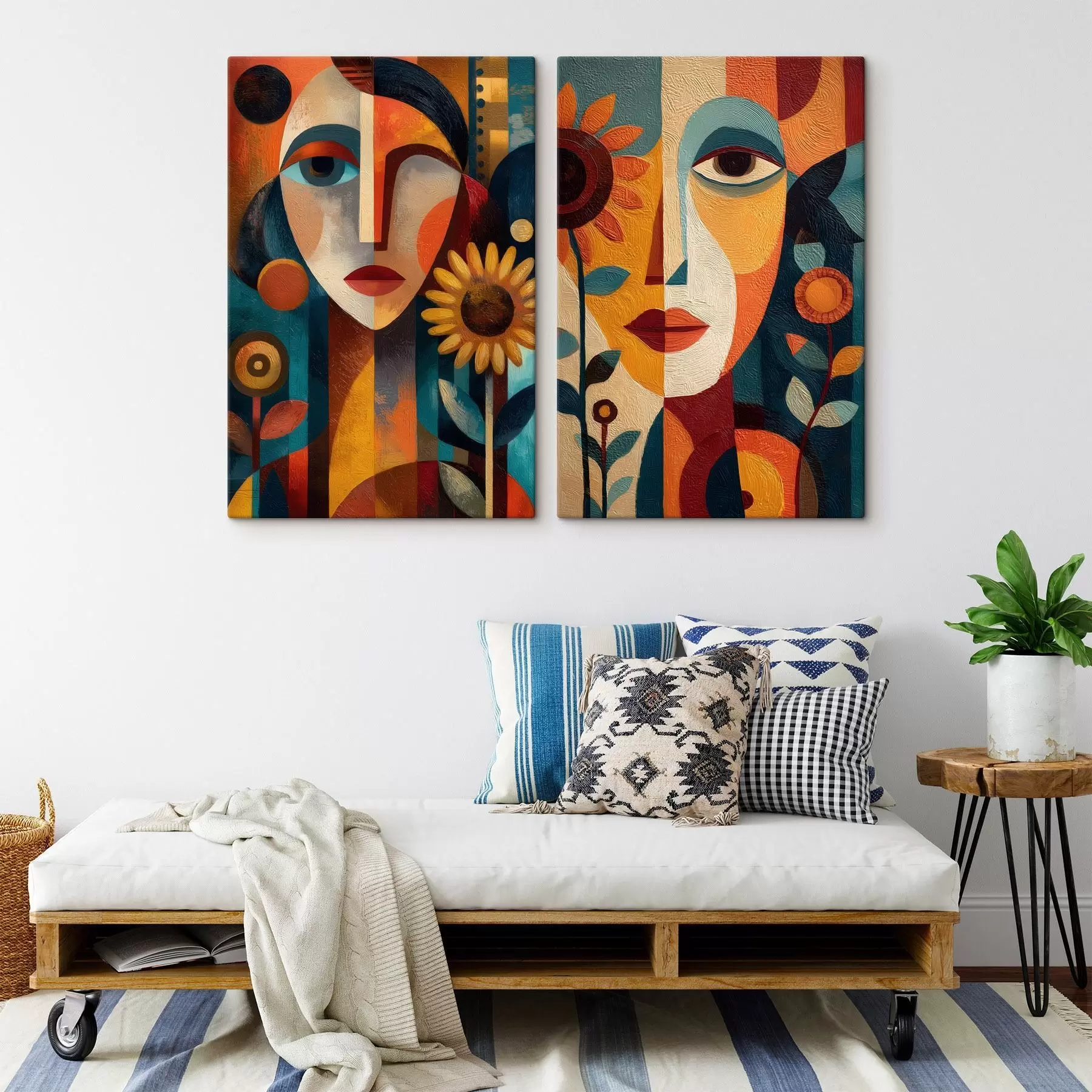  Schilderijen Abstracte portretten van meisjes met bloemen in etnische stijl m30532