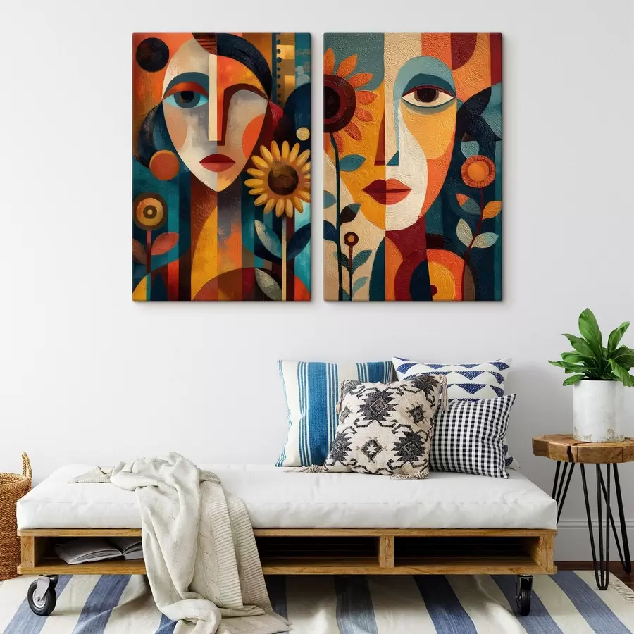  Schilderijen Abstracte portretten van meisjes met bloemen in etnische stijl m30532