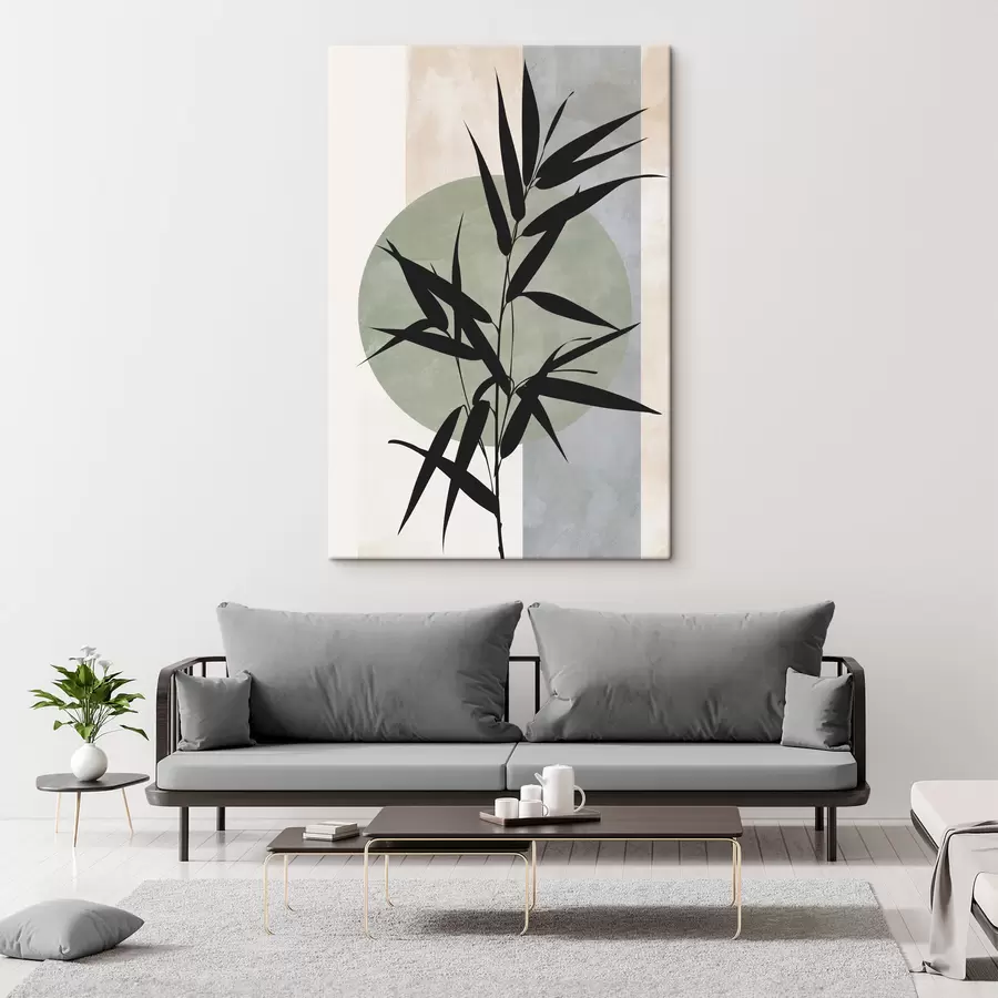  Schilderijen Een abstracte compositie met silhouetten van bladeren en cirkels s49363