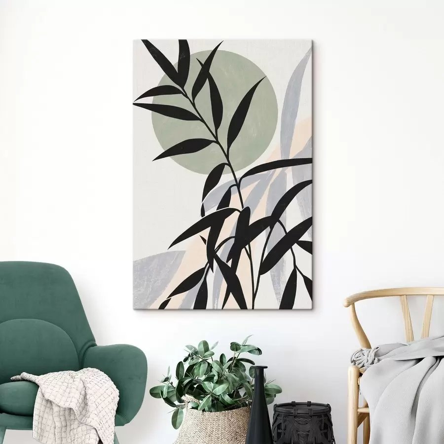  Schilderijen Een abstracte compositie met silhouetten van bladeren en cirkels s49364