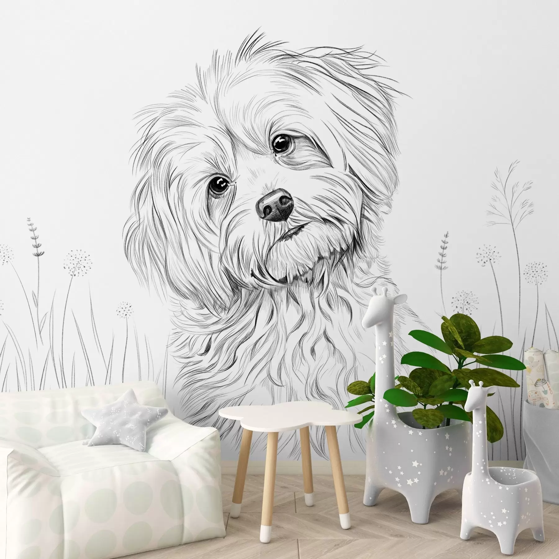 Fotobehang Een schattige tekening van een hond in het gras w05656