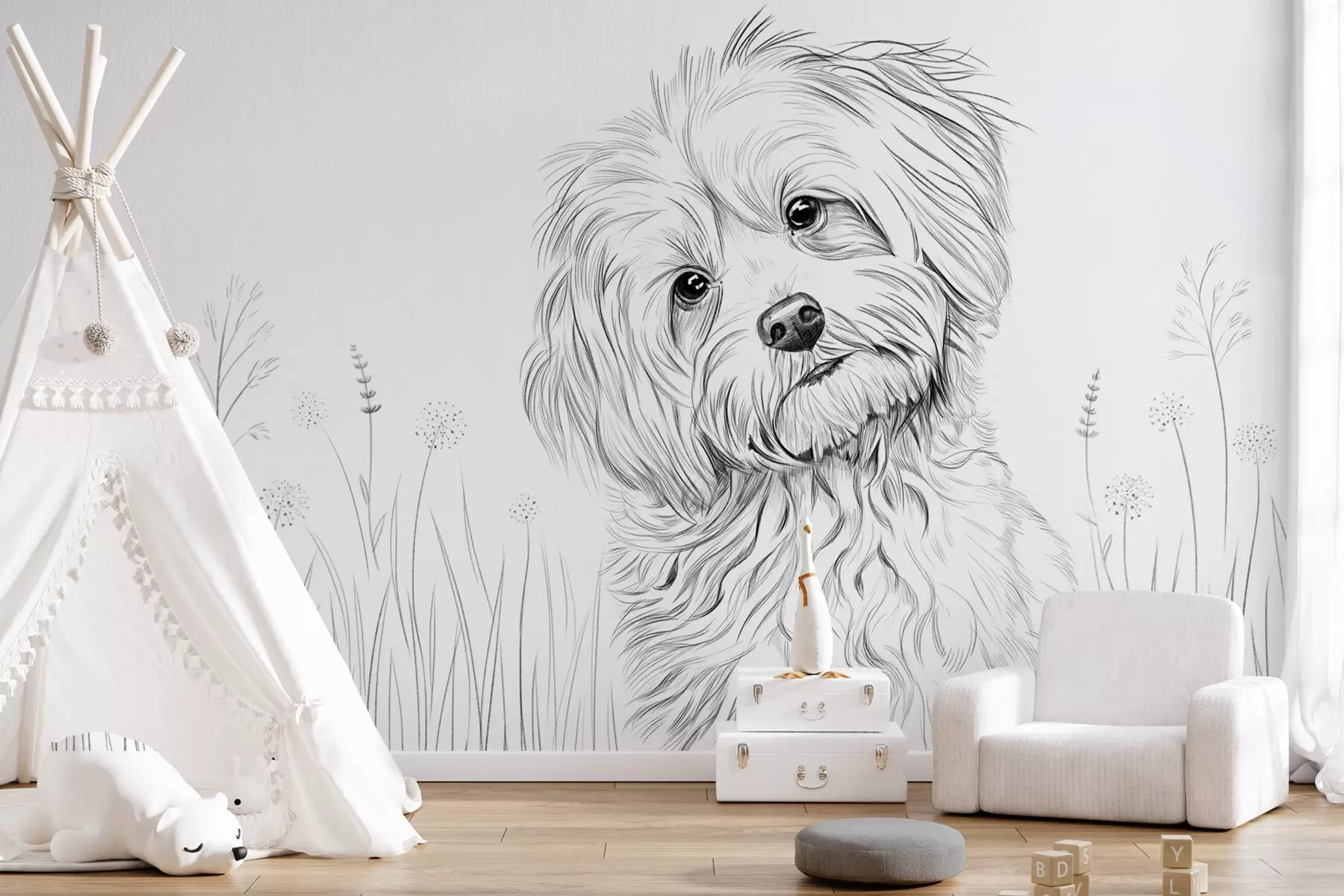 Fotobehang Een schattige tekening van een hond in het gras w05656