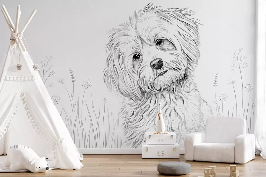 Fotobehang Een schattige tekening van een hond in het gras w05656