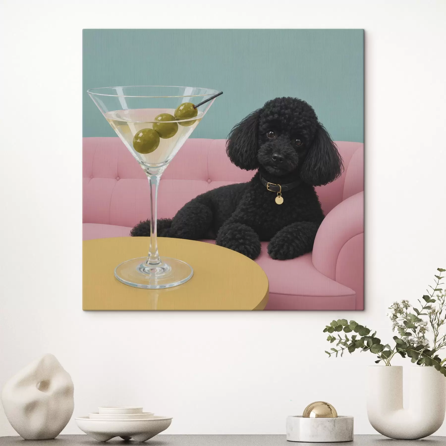 Schilderijen Zwarte hond en glas s49390