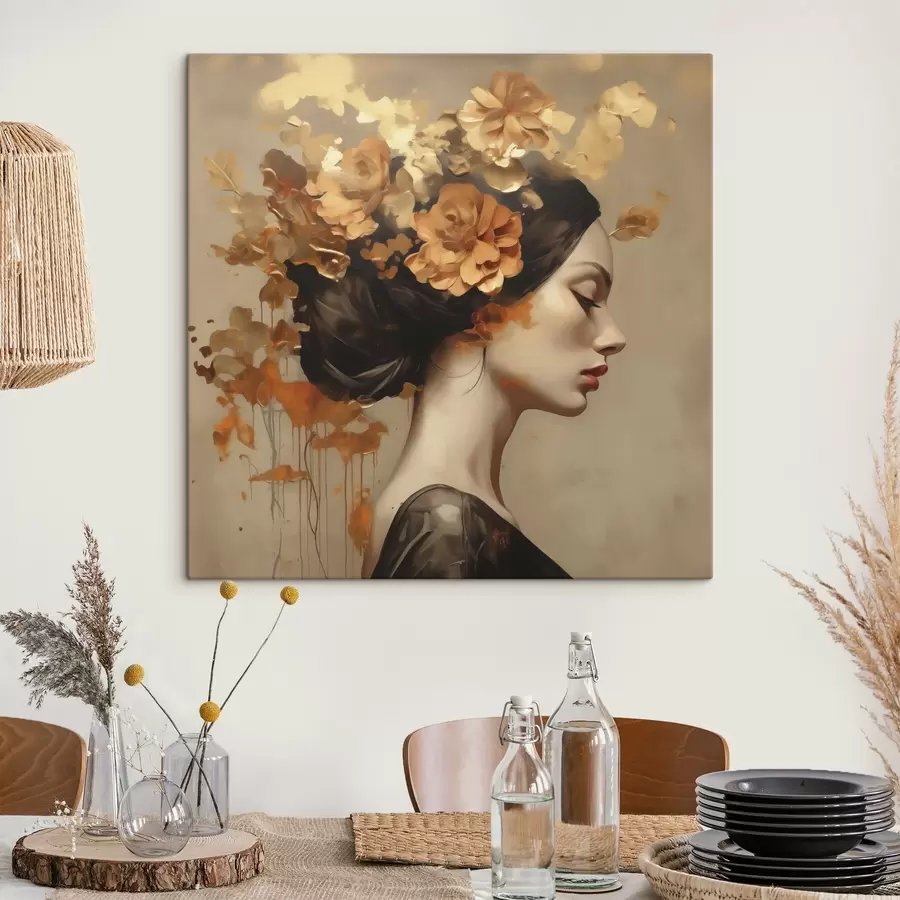  Schilderijen Schilderij in imitatiesstijl: meisje met bloemen in haar haar s49401