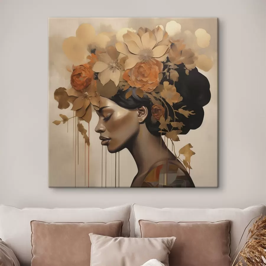  Schilderijen Schilderij in imitatiesstijl: meisje met bloemen in haar haar s49402