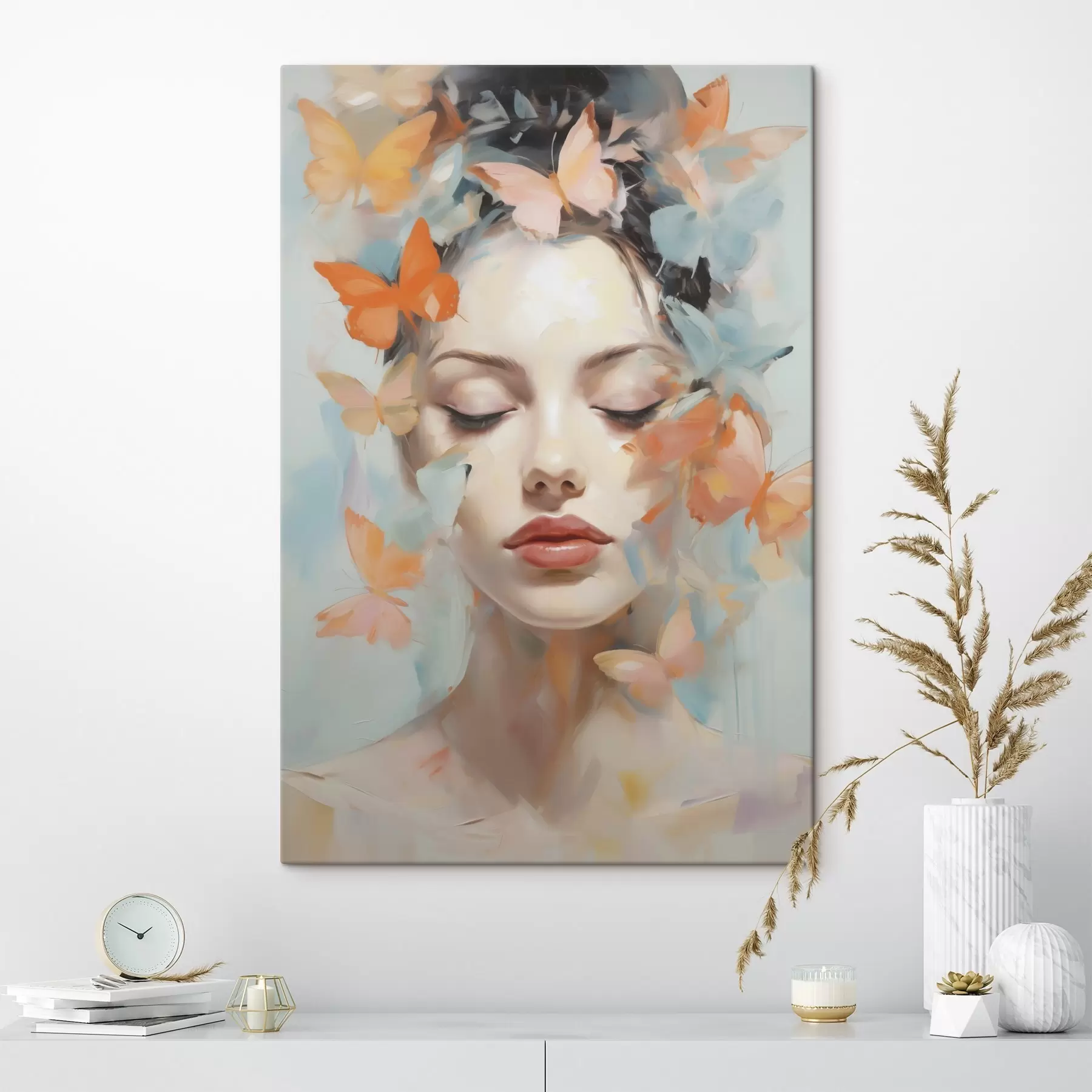  Schilderijen Abstract portret van een meisje met vlinders, schilderijimitatie s49403
