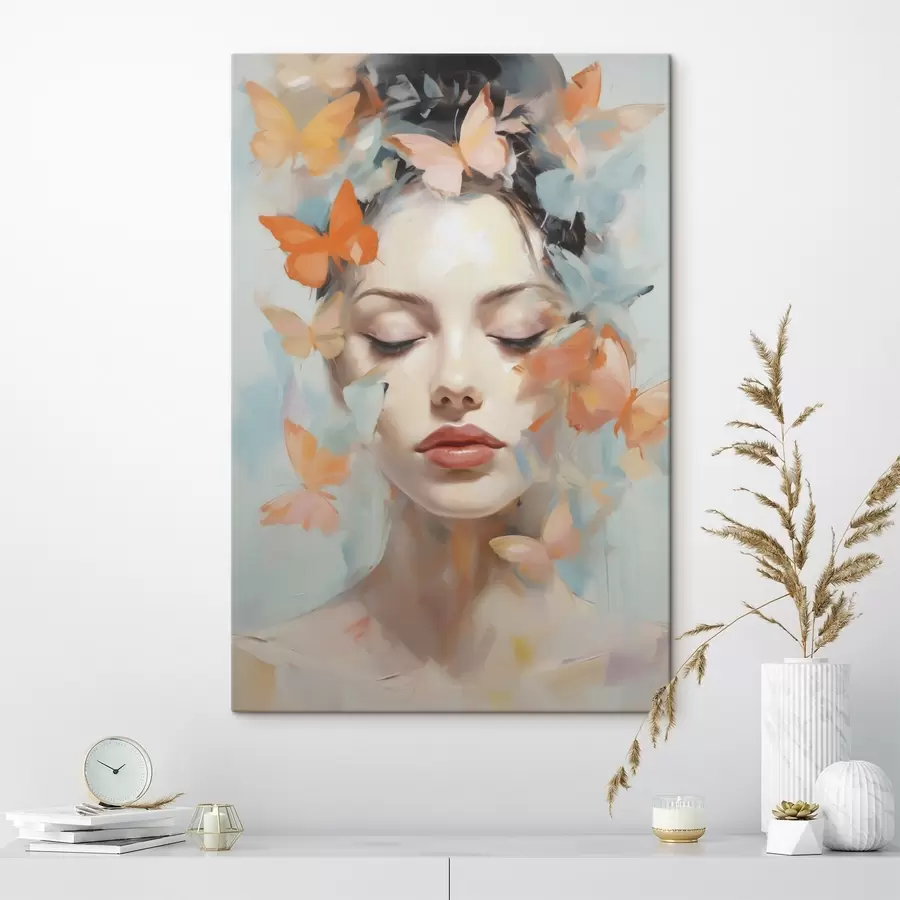  Schilderijen Abstract portret van een meisje met vlinders, schilderijimitatie s49403